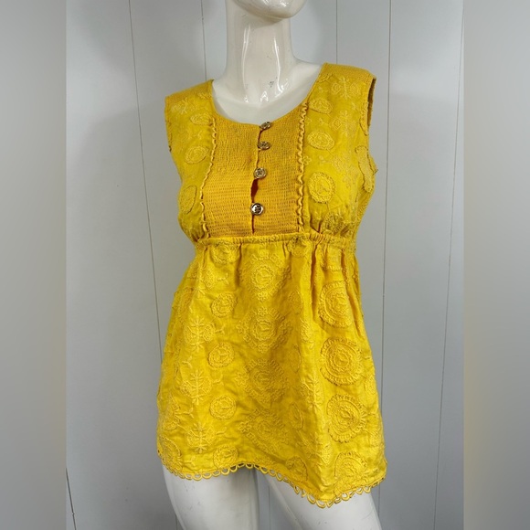 Juicy Couture Womens sz 6  Yellow Linen Sleeveless Embroidered Tunic Top Tank - Picture 1 of 7